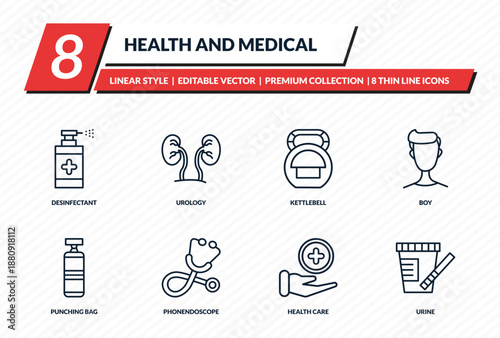 health and medical icons set - desinfectant, urology, kettlebell, boy, urine outline vector collection.
