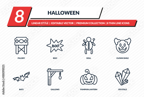 halloween icons set - pillory, boo, doll, clown smile, crystals outline vector collection.