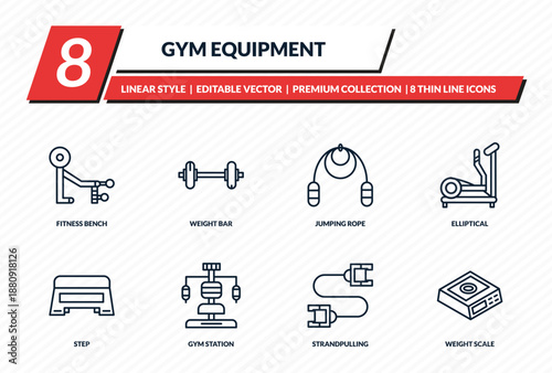 gym equipment icons set - fitness bench, weight bar, jumping rope, elliptical, weight scale outline vector collection.