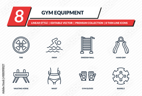 gym equipment icons set - tire, swim, swedish wall, hand grip, barrels outline vector collection.