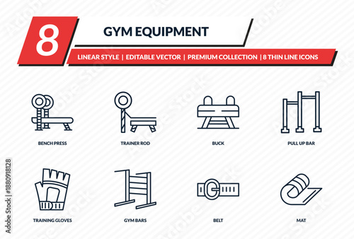 gym equipment icons set - bench press, trainer rod, buck, pull up bar, mat outline vector collection.