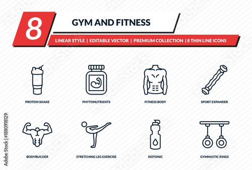 gym and fitness icons set - protein shake, phytonutrients, fitness body, sport expander, gymnastic rings outline vector collection.