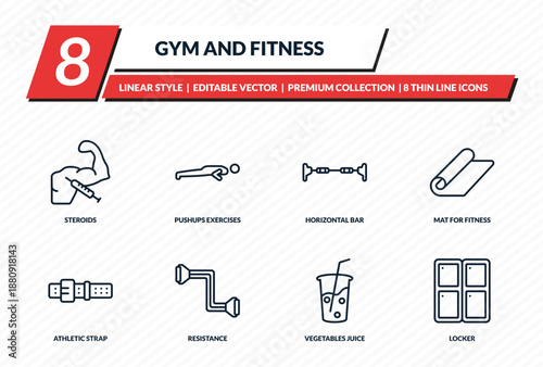 gym and fitness icons set - steroids, pushups exercises, horizontal bar, mat for fitness, locker outline vector collection.