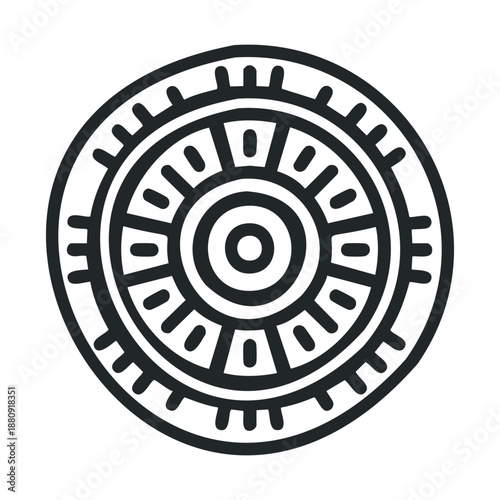 This intricate tribal circular design features a captivating pattern of concentric rings and radial elements, evoking ancient cultural artistry and spiritual symbolism.