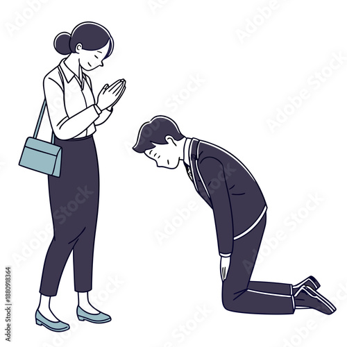 a man kneeling and bowing to a woman in a gesture of respect or apology high quality professional detailed modern