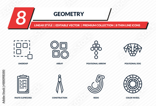 geometry icons set - ungroup, array, polygonal arrow up, polygonal dog, color wheel outline vector collection.