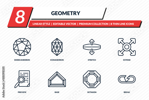 geometry icons set - dodecahedron, icosahedron, stretch, extend, break outline vector collection.