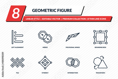 geometric figure icons set - left alignment, merge, polygonal wings, bounding box, transform outline vector collection.