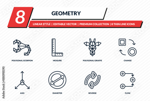 geometry icons set - polygonal scorpion, measure, polygonal giraffe, change, flow outline vector collection.