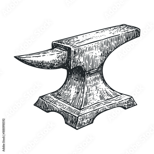 Traditional blacksmith's heavy metal anvil illustration, depicting a classic tool used for shaping and forging metal in a workshop.