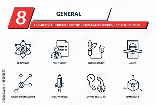 general icons set - core values, agent script, biomass energy, ar app, 3d modeling outline vector collection.
