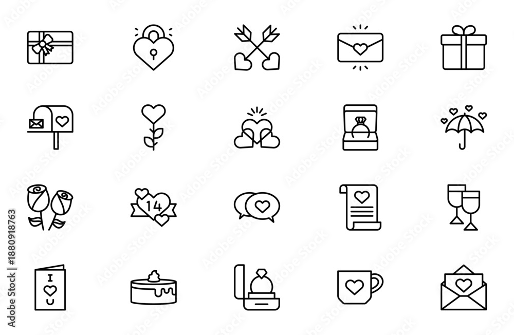 Fototapeta premium Valentine’s Day Editable Stroke Outline Icon Set – Thin Linear Love, Romance and Heart Icons Pack, Modern Minimal Vector Illustration for Web, App and UI Design