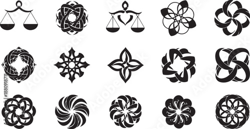 Islamic geometric patterns and scales of justice vector illustration, black and white flat design art, sacred symmetry motifs