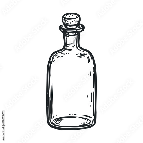 Empty glass bottle with cork stopper, rendered in a classic hand-drawn sketch style, ideal for vintage and rustic design projects.