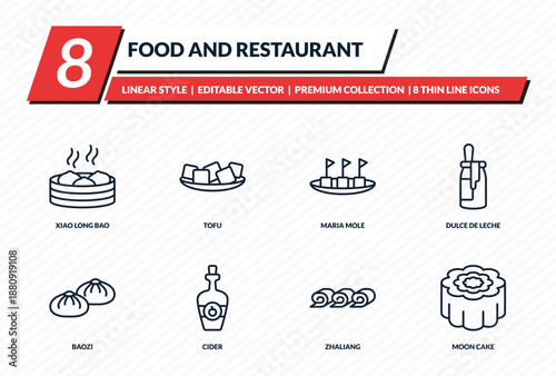 food and restaurant icons set - xiao long bao, tofu, maria mole, dulce de leche, moon cake outline vector collection.