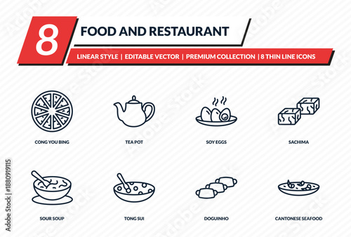 food and restaurant icons set - cong you bing, tea pot, soy eggs, sachima, cantonese seafood soup outline vector collection.