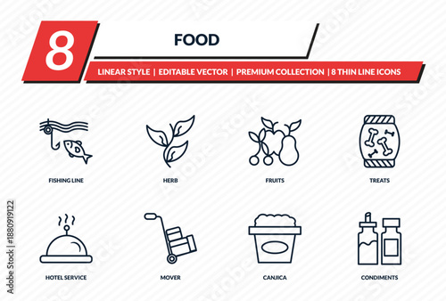 food icons set - fishing line, herb, fruits, treats, condiments outline vector collection.