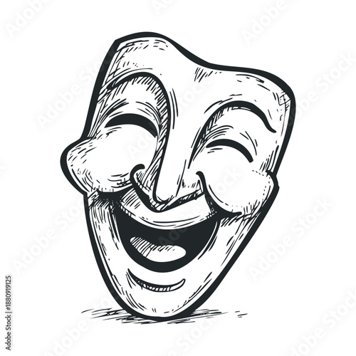 Comedy mask illustration with a joyful expression and wide open mouth, depicting happiness and theatrical performance in a classic engraving style.