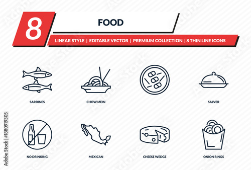 food icons set - sardines, chow mein, , salver, onion rings outline vector collection.