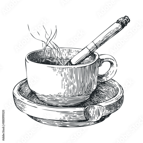 Steaming coffee cup and cigarette sketch illustration depicting a morning ritual or a moment of contemplation with a hot beverage.