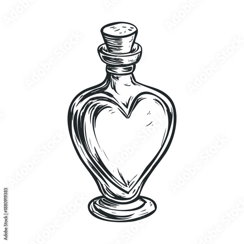 Heart shaped bottle with cork stopper, an elegant hand-drawn sketch illustration in black and white, perfect for romantic and magical themes.