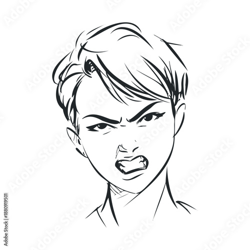Angry young woman's face with a furious expression and clenched teeth, depicted in a dynamic black and white line art illustration style, conveying intense emotion and frustration.