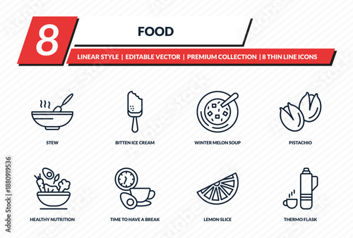 food icons set - stew, bitten ice cream, winter melon soup, pistachio, thermo flask outline vector collection.
