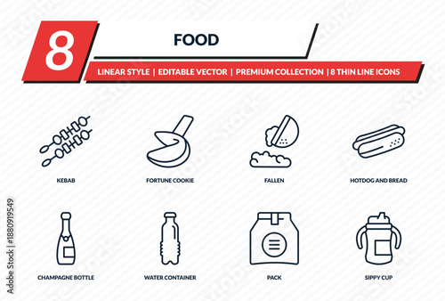food icons set - kebab, fortune cookie, fallen, hotdog and bread, sippy cup outline vector collection.