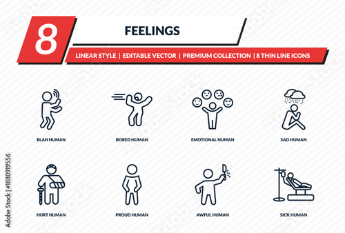 feelings icons set - blah human, bored human, emotional human, sad sick outline vector collection.