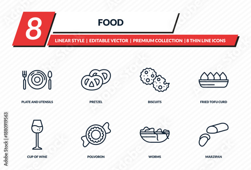 food icons set - plate and utensils, pretzel, biscuits, fried tofu curd balls, marzipan outline vector collection.