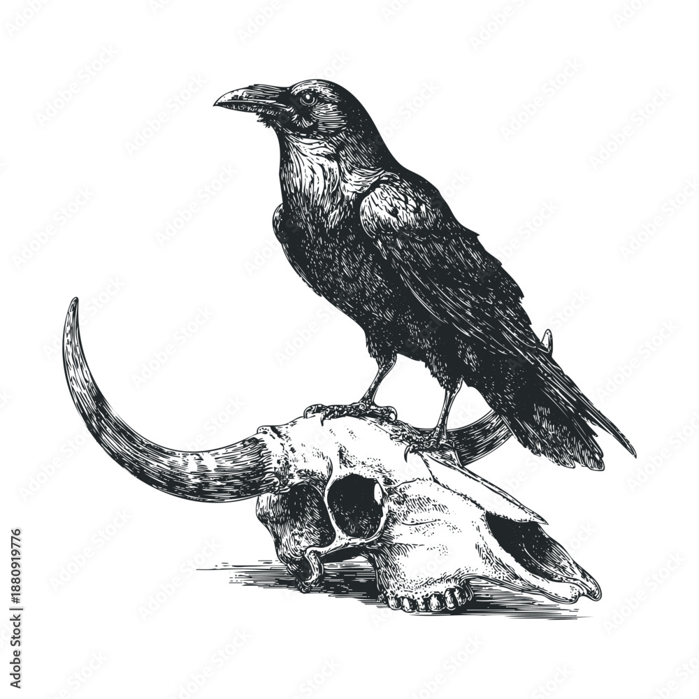 Fototapeta premium Black raven perched on a bull skull illustration, rendered in a detailed vintage engraving style, evoking themes of nature, death, and the wild west.