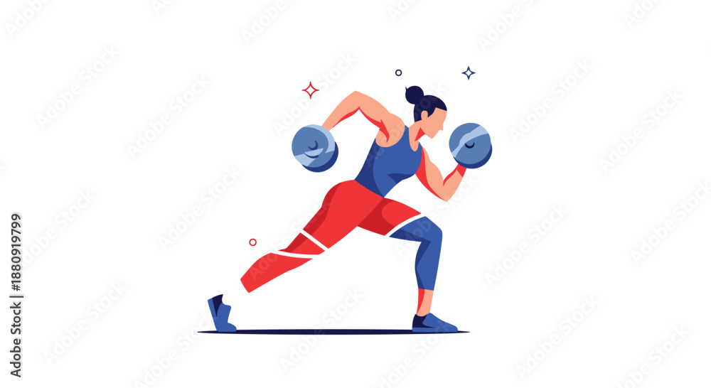 Fototapeta premium Athletic woman lifting heavy dumbbells in a dynamic workout pose with a minimalist and modern vector illustration style.