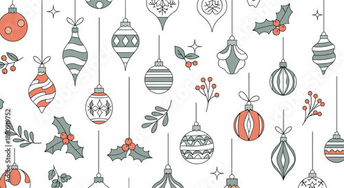 Colorful seamless pattern featuring various hanging Christmas baubles, ornaments, and festive foliage on a clean white background.