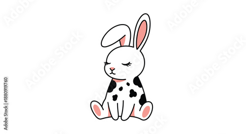 Adorable illustration of a white rabbit with black spots sitting peacefully with closed eyes on a white background.