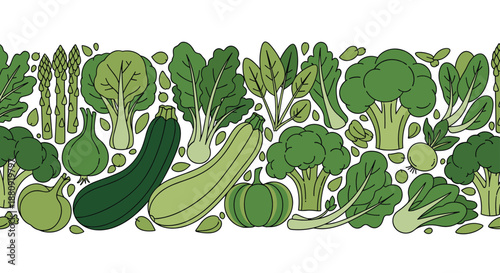 Horizontal border illustration packed with various fresh green vegetables like zucchini, broccoli, spinach, and bok choy.