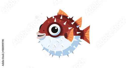 Cute cartoon illustration of a prickly red and white pufferfish with large eyes swimming in a clear blue sea environment.