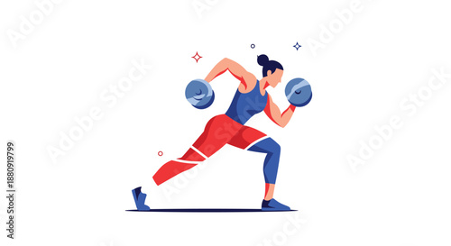 Athletic woman lifting heavy dumbbells in a dynamic workout pose with a minimalist and modern vector illustration style.