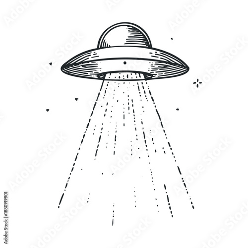 Old-fashioned UFO flying saucer emits a mysterious beam of light, suggesting an extraterrestrial encounter or abduction in a classic retro engraving style.