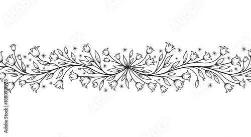 Long horizontal floral border with delicate line art flowers, leaves, and tiny stars for stationary and elegant wedding invitations.