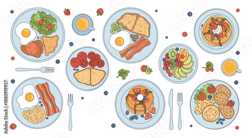 Top view of multiple breakfast plates with eggs, bacon, pancakes, and fruit salad for a large family meal or brunch buffet concept.