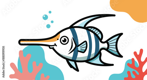 Colorful exotic fish with a long snout swimming near coral in the sea for marine life education and tropical vacation themes.