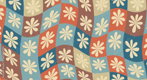 Groovy retro seamless pattern with colorful squares and stylized white daisy flowers in a wavy vintage style for decor.