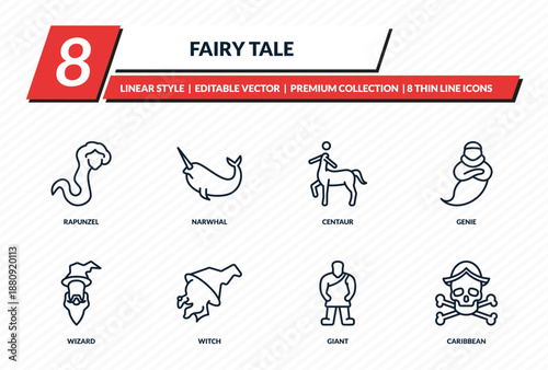 fairy tale icons set - rapunzel, narwhal, centaur, genie, caribbean outline vector collection.