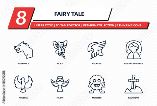 fairy tale icons set - werewolf, fairy, valkyrie, fairy godmother, excalibur outline vector collection.