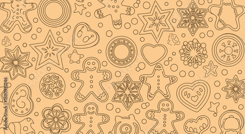 Seamless pattern of gingerbread cookies in various shapes including men, stars, hearts, and snowflakes on tan backdrop.