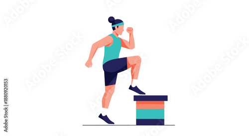 Flat design illustration of a woman in sportswear performing a step aerobic exercise on a colorful platform on white.