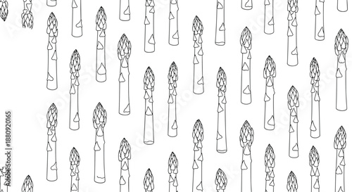 Seamless pattern featuring repeated black and white line art illustrations of fresh asparagus spears, ideal for kitchen and culinary branding.