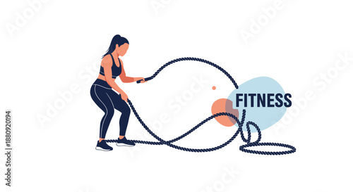Woman in fitness wear exercising with heavy battle ropes during a workout session, with the word fitness on an abstract background.