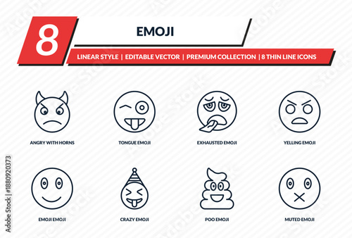 emoji icons set - angry with horns emoji, tongue emoji, exhausted yelling muted outline vector collection.