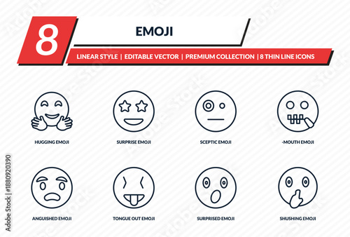 emoji icons set - hugging emoji, surprise emoji, sceptic -mouth shushing outline vector collection.